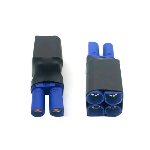 3-Piece EC5 Series RC Battery Adapter Kit for Quadcopters and Multirotors, Converts One Female EC5 to Two Male Plugs for In Series or Double Voltage, Heavy Duty Plug And Play Connector for Losi and E Flite Builds, No Fuss Install and Reliable Current. Close-up of connectors.