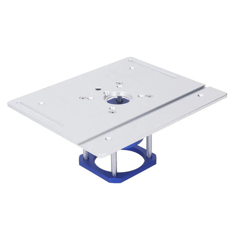 Rock Solid Aluminum Alloy Router Table Insert Plate With Heavy Duty Lift Kit for 64 To 65 Mm Machines showing silver aluminum surface.