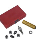 Oil Pan Drain Plug Rethread Kit With Piloted Drill And Spring Loaded Tap Tool, five magnetic plugs, red case, soft steel or aluminum pans.