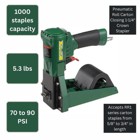 Smooth Shooting Pneumatic Cartoning Stapler Driving RR1 Series Staples With 5/8 Or 3/4 Inch Legs For Locking Down Folding Boxes With Zero Fuss Heavy Carry Performance, 5.3 lbs, 1000 staples capacity.