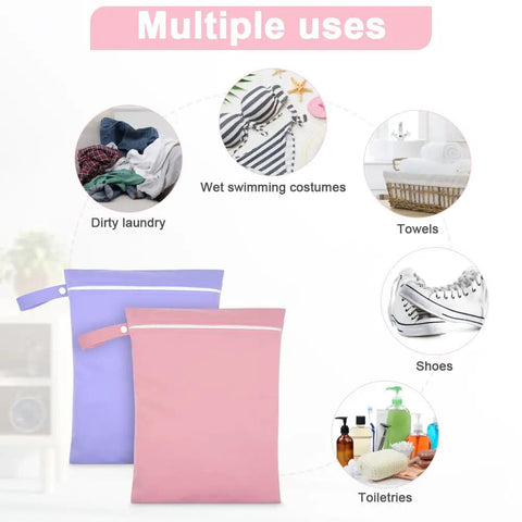 Two Pack Reusable Wet Bags With Handles And Zippers Ultra Lightweight Waterproof Cloth Diaper And Laundry Bags In Pink And Purple showing multiple uses