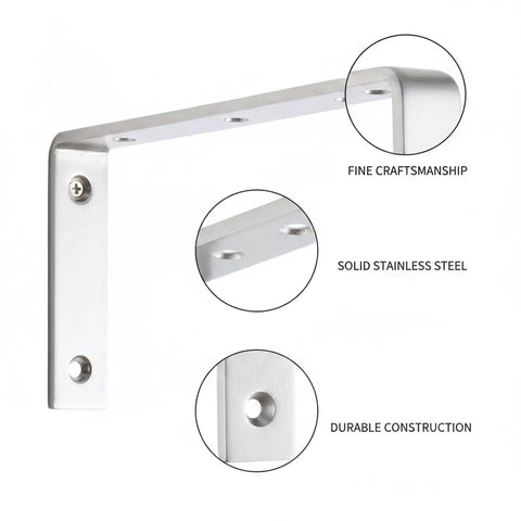 Stainless Steel L Shaped Shelf Brackets Heavy Duty Wall Mount Supports for Floating Shelves detailed view with features highlighted