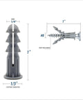 Heavy Duty Plastic Drywall Anchors Bulk Pack With Sleek Clear Storage Box quarter inch wall plugs with dimensions shown.