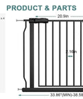Diagram of product components for Extra Wide Baby Gate For Doorways And Stairs Tension Mounted Auto Close Walk Through Pet Gate In Black Metal Large Safety Gate For Kids And Dogs Holds Open At 90 Degrees Easy Install No Tools Needed.