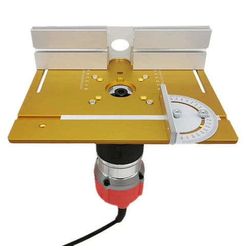 Heavy Duty Aluminum Router Table Insert Plates 3 Pack For Low Sweat Wood Milling And Crisp Trimming Operations With Knockout Durability And Bang On Target Miter Gauge Fit, top view of router table insert with miter gauge.