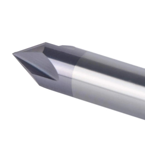 Close-up of Heavy Duty Carbide V Groove Router Bit 60 Degree Chamfer End Mill 4 Flutes One Quarter Inch Shank Perfect For CNC Carving