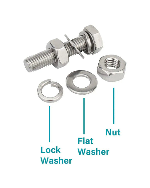 50 Pcs M6 X 20mm Stainless Steel Hex Bolts With Nuts And Washers 304 Grade Heavy Duty Fastener Kit For DIY Projects Home Repairs Marine Use Rust Resistant, showing bolts, nut, flat washer, and lock washer.
