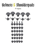 Battle Ready Helmet And Shoulder Pad Pack For Custom Armies Legion 4st with various designs in grey color displayed on white background