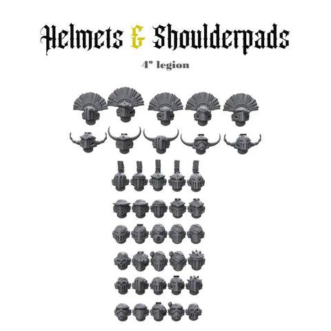 Battle Ready Helmet And Shoulder Pad Pack For Custom Armies Legion 4st with various designs in grey color displayed on white background
