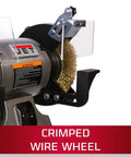 Eight Inch Bench Grinder With Wire Wheel And Knockout Reversible Bench Vise One Horsepower Shop Ready Combo featuring crimped wire wheel detail.
