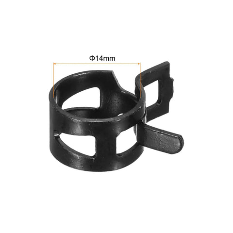 Close-up of a 14mm spring band hose clamp from the 20 Piece Fuel Line Clamps Set For Automotive Hoses, in black steel.