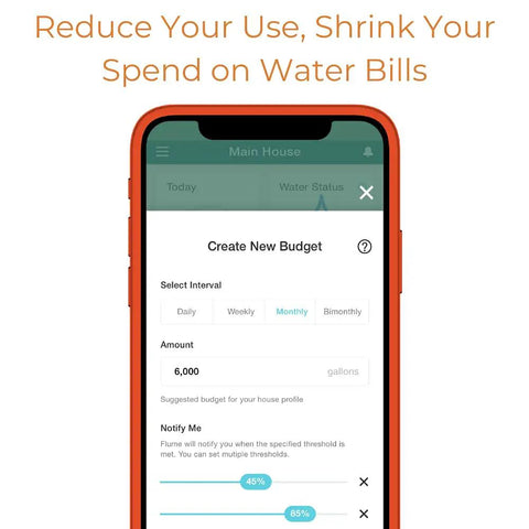 Smart Home Water Monitor And Leak Detector With WiFi Connectivity, Real Time Usage Tracking, Alerts, No Fuss Setup, And Broad Compatibility With Most Residential Water Meters For Android And iOS. Phone app budget screen