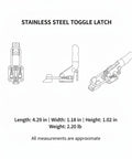 Heavy Duty Spring Loaded Toggle Latch, stainless steel, 4.29in long, 1.18in wide, for toolbox lids and cabinet doors, vibration free.