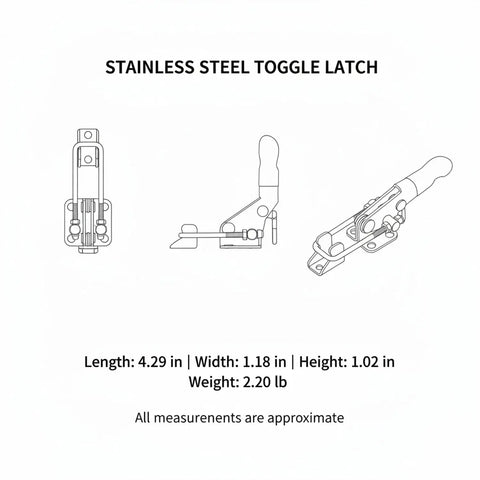 Heavy Duty Spring Loaded Toggle Latch, stainless steel, 4.29in long, 1.18in wide, for toolbox lids and cabinet doors, vibration free.