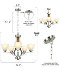 5-Light Dope Modern Chandelier With Alabaster Glass Shades In Brushed Nickel Finish Contemporary Candle Style Dining Room Light Fixture For Living Room Bedroom And Bathroom, dimensions and height adjustments visible.