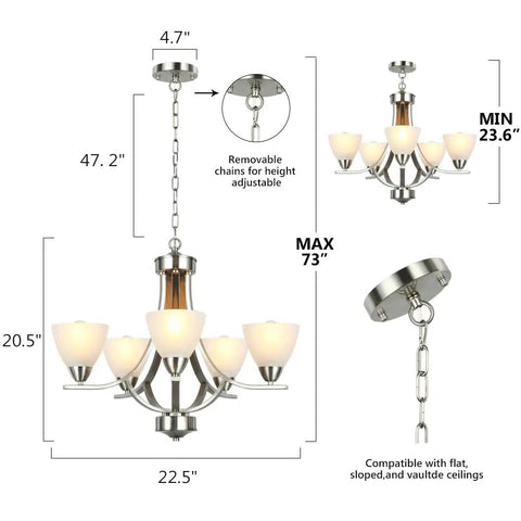 5-Light Dope Modern Chandelier With Alabaster Glass Shades In Brushed Nickel Finish Contemporary Candle Style Dining Room Light Fixture For Living Room Bedroom And Bathroom, dimensions and height adjustments visible.