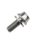 Close-up of Titanium M5x12mm Bottle Cage Bolt with Washer, Grade 5 6Al-4V, hex head, lightweight and durable for quick mounts.