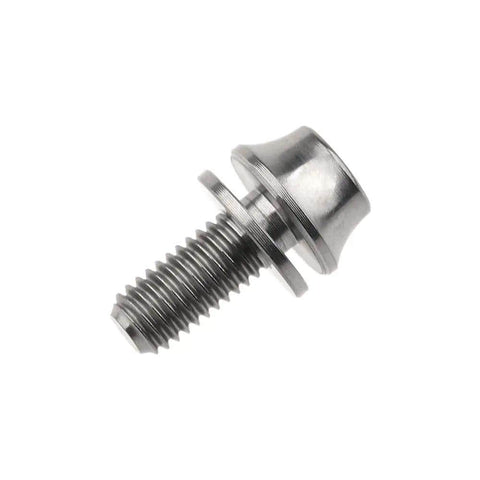 Close-up of Titanium M5x12mm Bottle Cage Bolt with Washer, Grade 5 6Al-4V, hex head, lightweight and durable for quick mounts.