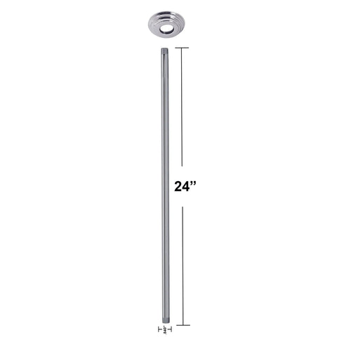 Side view of a 1/2-Inch IPS Ceiling Shower Arm, 24-Inch Long, With Flange, Polished Chrome Finish, Lead-Free Brass, Threaded On Both Ends