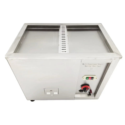 Heavy Duty Full Automatic Gas Coffee Roaster With Big 16.5 Lb Batch Rock Solid Food Grade Stainless Build Zero Fuss Cleanup Pro Level Home Shop Pick Precise Heat Settings Quick Clean Finish side view showing controls and stainless steel design.