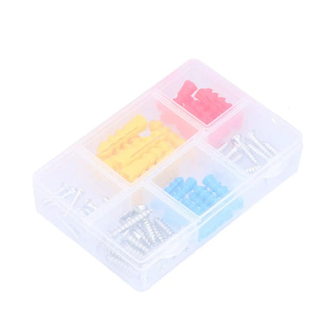 Assorted screws and wall plugs in a clear plastic box, part of 45 Piece Pro Grade Home Repair Tool Kit With Storage Case For DIY Projects And Home Handyman Use
