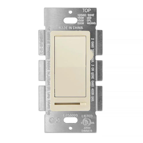 LED Slide Dimmer Rocker Switch For No Fuss Easy Install 3 Way Or Single Pole Ivory Finish 600W Incandescent Max 150W Dimmable LED CFL Smooth Dimmer Control For Home Lighting, ivory switch front view