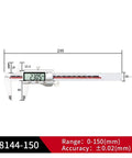 VZDRHYURI Touch Screen Digital Vernier Caliper 0-150mm IP54 with Display(SHANHR-8144-150) showing measurement readout.