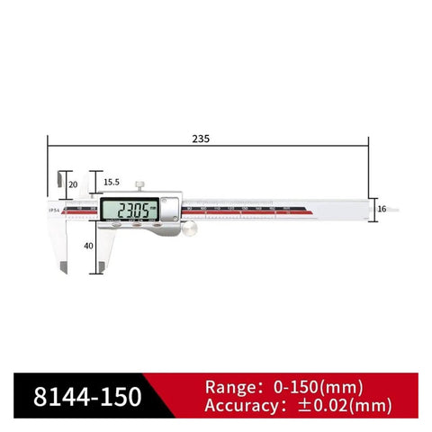 VZDRHYURI Touch Screen Digital Vernier Caliper 0-150mm IP54 with Display(SHANHR-8144-150) showing measurement readout.