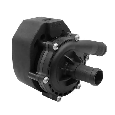 Straight Up Cooling Water Pump Replacement 215813NF0A Direct Swap For Nissan Leaf 2013 To 2017 And Infiniti Q50 2014 To 2018, black plastic pump with hoses.