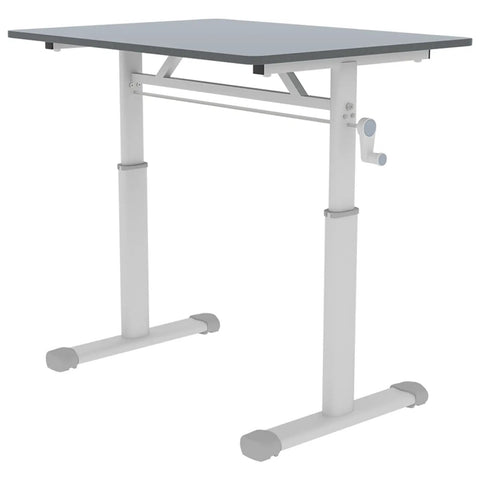 Game Changer Manual Crank Height Adjustable Standing Desk 32X24 Inch with ergonomic design and white frame.