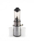 Super Sleek Silver Gray Cold Press Masticating Juicer With Extra Wide Feed Opening For Whole Fruits And Easy Electric Home Use High Efficiency Extraction Machine Stylish Modern Design, front view with two containers.