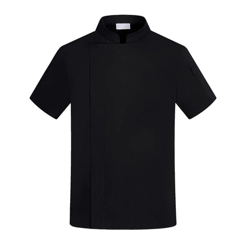 Front view of 2 Pack Short Sleeve Chef Coat, Unisex Kitchen Uniform with Button Closure, durable black cook shirt for summer work.