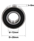 Chromium Steel Deep Groove Ball Bearing 6001RS 12x28x8mm 2 Pack Sealed Miniature Bearings with size dimensions displayed