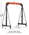 Telescoping Gantry Crane Frame Only For 2 Ton Loads, Portable Shop Lift Hoist With Locking Wheels, Height Adjustable Up To 12 Feet, Heavy Duty Steel Construction