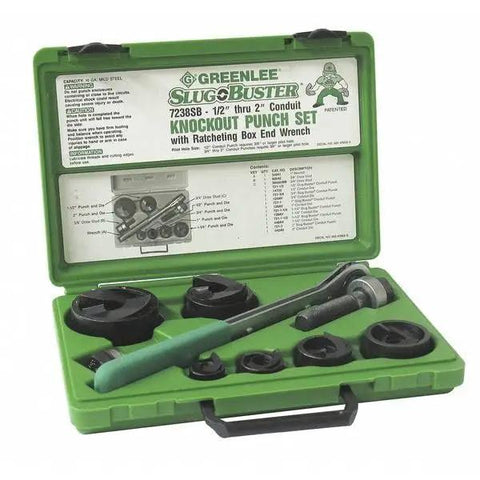 Slug Buster Knockout Punch Kit With Hex Ratchet Wrench For 1/2 Inch To 2 Inch Conduit Punches in green case with tools