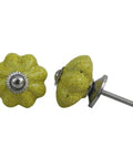 100 Piece Yellow Crackle Ceramic Drawer Knobs Kitchen Cabinet Pulls Dresser Handles angled view with shiny silver hardware