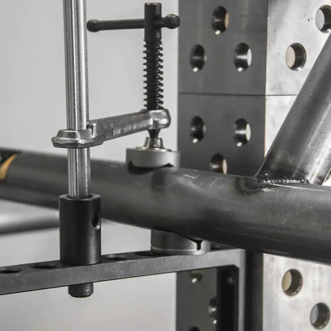 Inserta Clamps For 16mm Holes, Heavy Duty Workholding, 200mm Capacity, 100mm Throat, 181 kg Clamping Force, 20x10mm Rail, Vertical Or Horizontal Mount, Model UEN6200, steel clamp on perforated plate