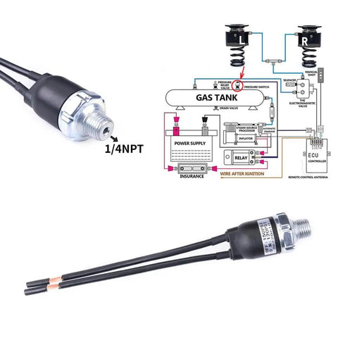 High Flow 120 To 150 PSI Air Pressure Switch For 12V And 24V Compressors One Quarter Inch NPT Auto On At 120 PSI And Off At 150 PSI Easy Install Tank Pressure Controller For Air Systems, with wiring diagram visible.