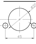 Front view of hinge drilling jig: large central circle with two side holes, 45 mm wide.