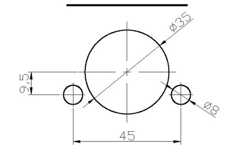 Front view of hinge drilling jig: large central circle with two side holes, 45 mm wide.