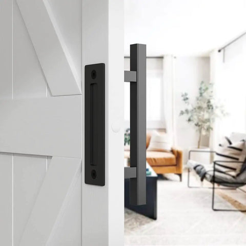 Close-up of Two Pack 12 Inch Barn Door Handles Set With Rustic Two Side Pull And Flush Sliding Design For Gates in Black Square Finish, installed.