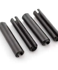 Close-up of four black split pins from Roll Pin Assortment Kit With 19 Sizes In A Built Tough Metal Storage Box, arranged in a row.