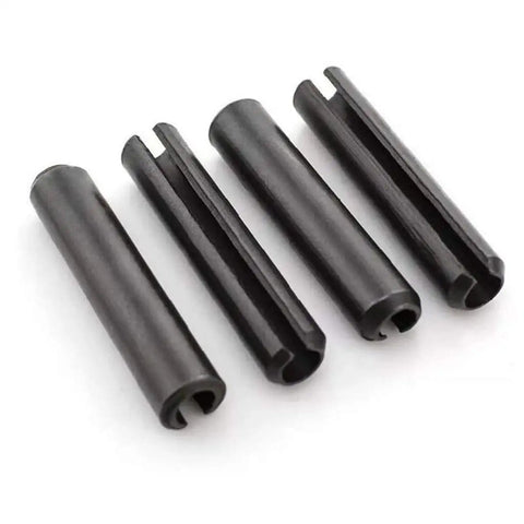 Close-up of four black split pins from Roll Pin Assortment Kit With 19 Sizes In A Built Tough Metal Storage Box, arranged in a row.