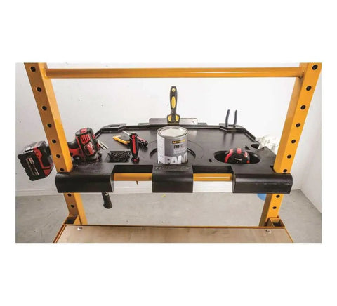 Zero Hassle Heavy Duty Baker Tool Tray For Active Job Sites With Six Foot Tool Deck Space And Quick Rung Mount Setup In Tough Black displaying tools and materials.