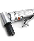Professional Grade Kick Ass Pneumatic Air Die Grinder Spinning Wild At Twenty Five Thousand RPM For Slick Polish Heavy Metal Wood Tire Wall Projects, silver body close-up view.
