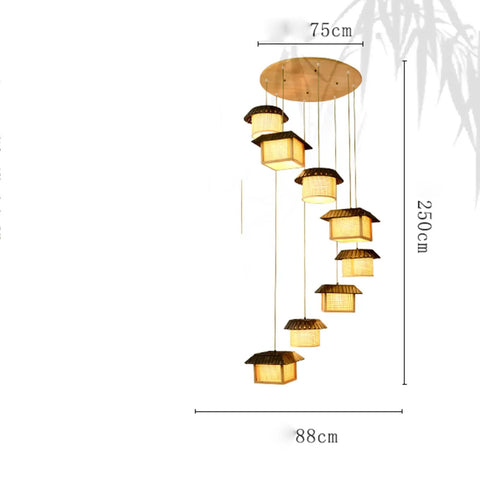 Large LED Bamboo Chandelier With 8 Bulbs For Staircases And Entryways Adjustable Pendant Light showing dimensions and design.