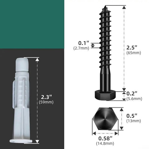 Detailed view of anchor and screw dimensions from Heavy Duty TV Mount Hardware Kit With 6 M8x65mm Lag Bolts, Anchors, Washers, And Bubble Level