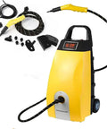 Heavy Duty High-Pressure Steam Cleaner 3000W With 8 Piece Accessory Kit, yellow unit with hose and attachments.