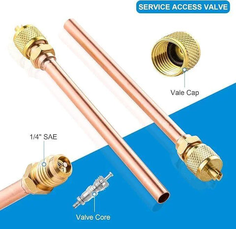 Service access valve kit with two copper tubes and brass fittings, includes valve core and cap, 1/4 SAE threads