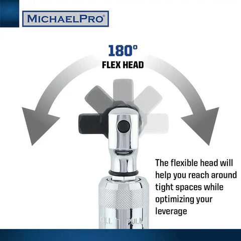 Extendable One Half Inch Drive Breaker Bar With 15 To 24 Inch Flex Handle And Rotating Head, showing 180° rotating head detail